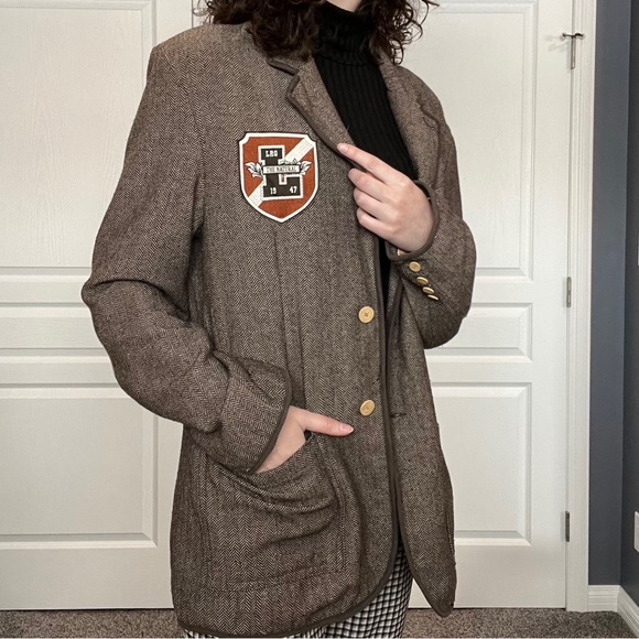 LRG Vintage Style Herringbone Tweed Academia Patch Blazer - Picture 4 of 11